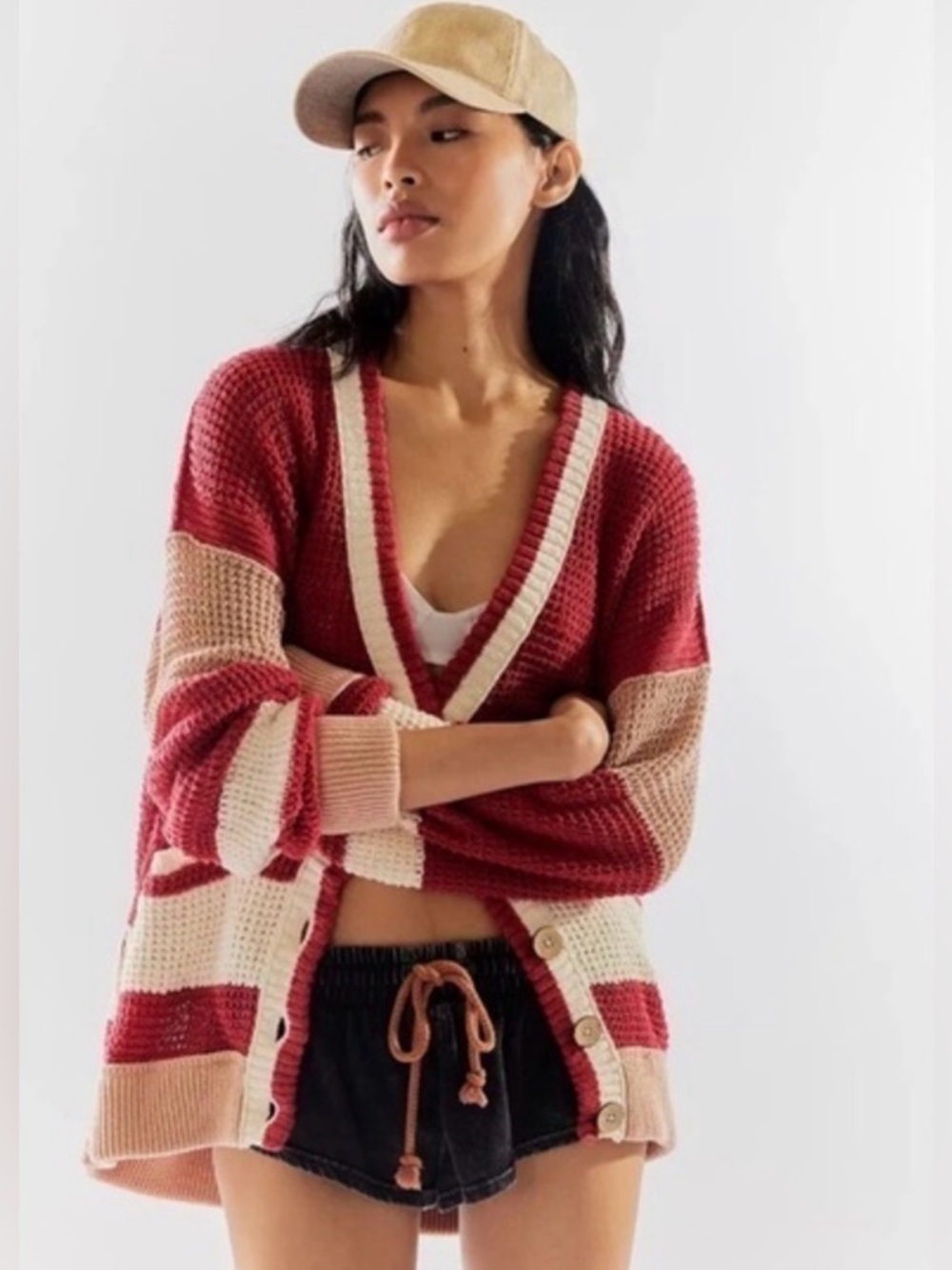 Free People Women's Red Cream Chelsea Front Pocket Cardigan NWOT L #2001